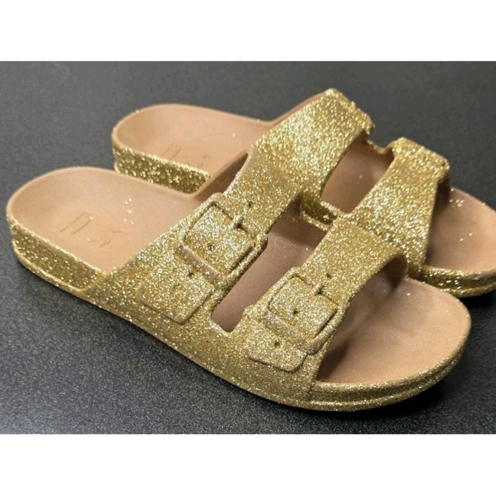 New Cacatoes Trancoso Sandals Women 40/9 Gold Glitter Double Strap Slides Buckle - Picture 2 of 5